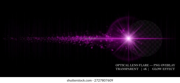 Dynamic lens flare with glowing dust particles and strong horizontal beam. Ideal for digital overlays, sci-fi visuals, and motion graphic designs.