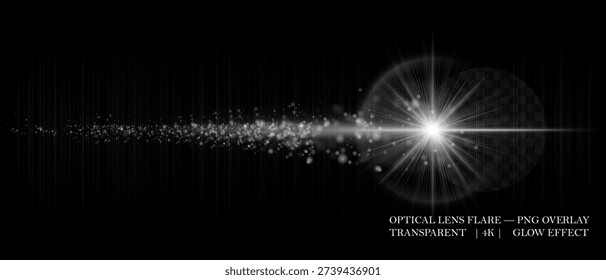 Dynamic lens flare with glowing dust particles and strong horizontal beam. Ideal for digital overlays, sci-fi visuals, and motion graphic designs.