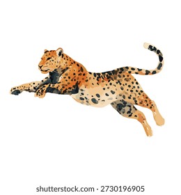 Dynamische Leopardendarstellung in einer kraftvollen Springpose. Ideal für Tierwelt, Natur oder Kinderbuchdesigns, die Geschwindigkeit und Agilität erfassen.