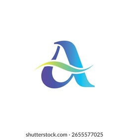 Logotipo 'A' de letra dinâmica com um motivo de onda fluente, apresentando um gradiente vibrante de azul, verde e roxo, perfeito para marcas de tecnologia criativas, ecológicas ou modernas