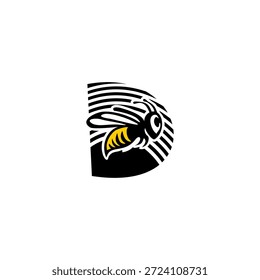 Logotipo dinámico de la letra D integrado con un aguijón de abeja afilado y silueta de ala. Vector agresivo y minimalista para los servicios de entrega, las empresas de seguridad y la marca de equipos deportivos.