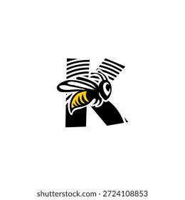 Logotipo da letra dinâmica K integrado com um ferrão de abelha afiada e silhueta da asa. Vetor minimalista agressivo para serviços de entrega, empresas de segurança e branding de equipes esportivas.