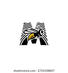 Logotipo dinámico de la letra M integrado con un aguijón de abeja afilado y silueta de ala. Vector agresivo y minimalista para los servicios de entrega, las empresas de seguridad y la marca de equipos deportivos.