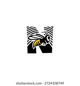 Logotipo dinámico de la letra N integrado con un aguijón de abeja afilado y silueta de ala. Vector agresivo y minimalista para los servicios de entrega, las empresas de seguridad y la marca de equipos deportivos.