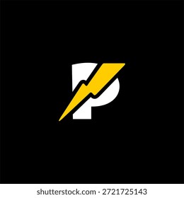 Logotipo dinámico de la letra P combinado con un símbolo del rayo. Vector moderno para tecnología de vehículos eléctricos (VE), energía renovable y marca de inicio de energía