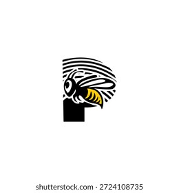 Logotipo dinámico de la letra P integrado con un aguijón de abeja afilado y silueta de ala. Vector agresivo y minimalista para los servicios de entrega, las empresas de seguridad y la marca de equipos deportivos.