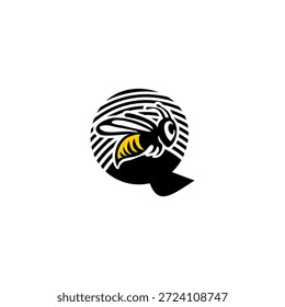 Letra dinâmica Q logotipo integrado com um ferrão de abelha afiada e silhueta de asa. Vetor minimalista agressivo para serviços de entrega, empresas de segurança e branding de equipes esportivas.