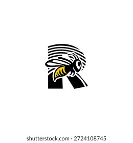 Letra dinâmica R logotipo integrado com um ferrão de abelha afiada e silhueta de asa. Vetor minimalista agressivo para serviços de entrega, empresas de segurança e branding de equipes esportivas.