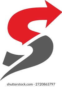 Dynamisches Buchstabenlogo mit einem markanten roten Pfeil, der Fortschritt und Dynamik anzeigt