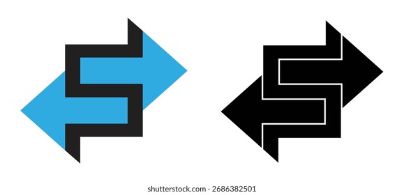 Dynamischer Buchstabe s Monogramm Emblem mit bidirektionalen Pfeilen und gestreiftem schwarz-blauem Design, Vektorgrafik.