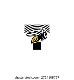 Letra dinâmica T logotipo integrado com um ferrão de abelha afiada e silhueta de asa. Vetor minimalista agressivo para serviços de entrega, empresas de segurança e branding de equipes esportivas.