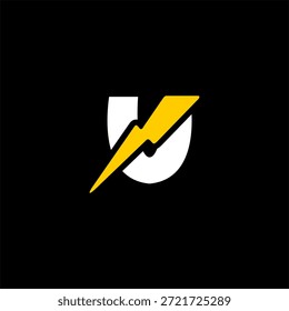 Dynamic letter U logo combined with a lightning bolt symbol. Modern vector for electric vehicle (EV) tech, renewable power, and energy startup branding
