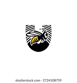 Dynamic letter U logo integrated with a sharp bee stinger and wing silhouette. Aggressive minimalist vector for delivery services, security firms, and sports team branding.