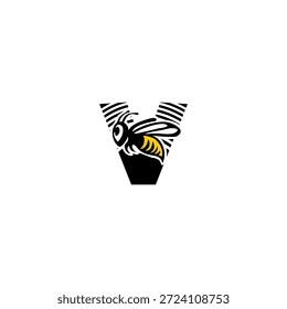 Logotipo dinámico de la letra V integrado con un aguijón de abeja afilado y silueta de ala. Vector agresivo y minimalista para los servicios de entrega, las empresas de seguridad y la marca de equipos deportivos.