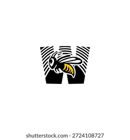 Logotipo dinámico de la letra W integrado con un aguijón de abeja afilado y silueta de ala. Vector agresivo y minimalista para los servicios de entrega, las empresas de seguridad y la marca de equipos deportivos.