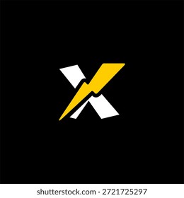 Dynamic letter X logo combined with a lightning bolt symbol. Modern vector for electric vehicle (EV) tech, renewable power, and energy startup branding