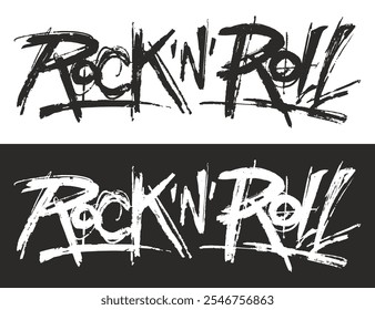 The dynamic lettering of rock and roll is displayed in a bold style contrasting sharply against both white and black backgrounds emphasizing its energetic vibe.