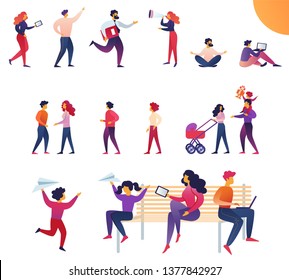 Dynamic Life Parents and Children Cartoon Flat. Stress and Fatigue from Hectic Family Life. Men and Women are Hurry Complete Tasks and Tasks. Children Make Noise. Vector Illustration.