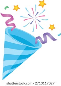 Una dinámica Ilustración vectorial 2D a rayas azules y blancas de un cono de celebración repleto de serpentinas de colores rosa y púrpura, estrellas doradas y un estilizado estallido de fuegos artificiales.