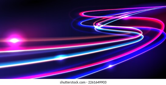 Dynamic light motion, light trail, high speed effect, traffic motion. light motion effect, slow shutter of traffic, neon streaks, retro synthwave style, vector illustration