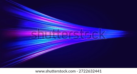 Dynamic light trails and motion blur effect on a dark background. Representing high speed data transfer, fiber optics, and futuristic telecommunications technology.