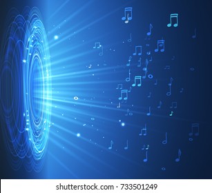 Dynamic With Lights And Notes on Blue Background, Abstract Musical Illustration. Vector
