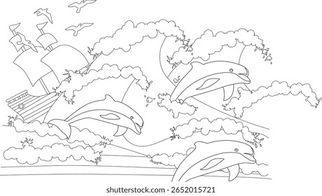 Arte de linha dinâmica para colorir: golfinhos saltando ondas do oceano com um navio à vela e pássaros, ideal para atividades infantis e temas marinhos.