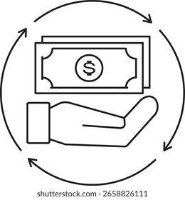 Dynamische Linie Art Symbol einer Hand, die Geld hält, das von Pfeilen umgeben ist und Finanztransaktionen, Einkommensströme und Wirtschaftszyklen darstellt