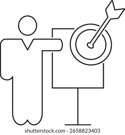 Ícone de arte dinâmica de linha de um apresentador apontando para um alvo em um quadro de comunicações, simbolizando metas de negócios, estratégia e realização