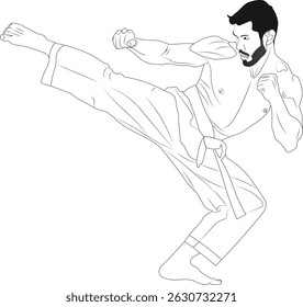 
Ilustração dinâmica da arte da linha de um homem realizando um chute de caratê. Esta imagem capta a energia e a precisão das artes marciais.