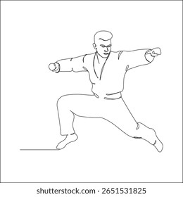 Uma ilustração de arte de linha dinâmica de um artista marcial em ação intermediária, realizando um soco para a frente e postura, simbolizando força, disciplina e agilidade na prática de artes marciais.