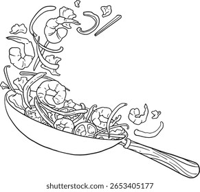 Uma ilustração de arte de linha dinâmica de uma obra que atira vários ingredientes, incluindo camarões, legumes e temperos no ar, retratando a ação de fritar. Ideal para cozinhar, comida.