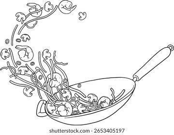 Uma ilustração de arte de linha dinâmica de uma obra que atira vários ingredientes, incluindo camarões, legumes e temperos no ar, retratando a ação de fritar. Ideal para cozinhar, comida.