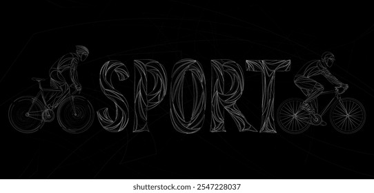 Dynamic line art illustration with the word "SPORT" and two cyclists on racing bikes. Minimalist design on black background, ideal for posters, prints, or sports-themed marketing.