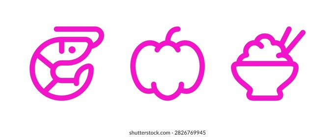 Dynamic line art illustrations of fresh shrimp whole pumpkin or vegetable and rice bowl served with chopsticks rendered in bright pink color scheme perfect for Asian cuisine concepts and menu design elements.