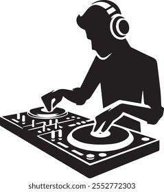 A dynamic line art silhouette vector illustration design capturing a DJ mixing music, with intricate details of turntables and sound waves, exuding an energetic, creative vibe.