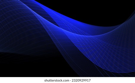 Dynamic line wave background. Modern blue flowing wave backdrop isolated on black background for design elements in concept technology, music, science.