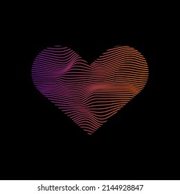 Dynamic line wave Valentines Day concept red and purple colors in heart shape on black background