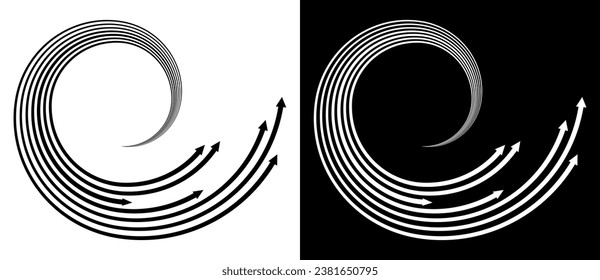 Dynamic lines with arrows. Design element or icon. Black shape on a white background and the same white shape on the black side.
