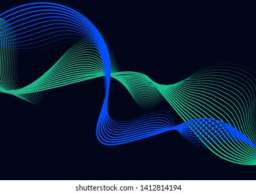 Dynamic lines and dots for background music. Network Design with Particle. Radial sound wave curve with light particles. 3D Technology Style. 