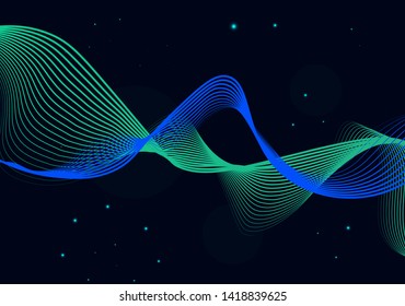Dynamic lines and dots for background music. Network Design with Particle. Radial sound wave curve with light particles. 3D Technology Style. 