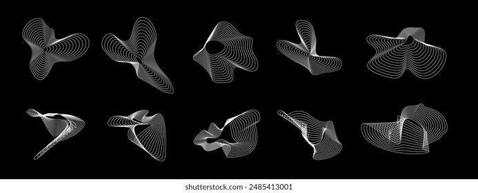 Dynamic lines shapes set. Abstract fluid forms made of lines with blend effect isolated.