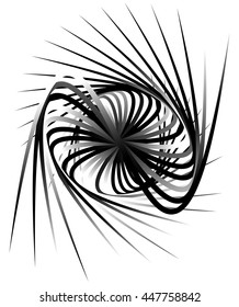 Dynamic lines with spiral distortion. Abstract monochrome geometric element. Asymmetric vortex, helix element.