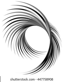 Dynamic lines with spiral distortion. Abstract monochrome geometric element. Asymmetric vortex, helix element.