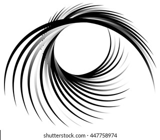 Dynamic lines with spiral distortion. Abstract monochrome geometric element. Asymmetric vortex, helix element.