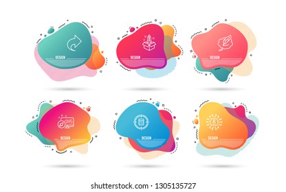 Dynamic liquid shapes. Set of Calculator target, Share and Copyright chat icons. Startup sign. Audit, Link, Speech bubble. Innovation.  Gradient banners. Fluid abstract shapes. Vector