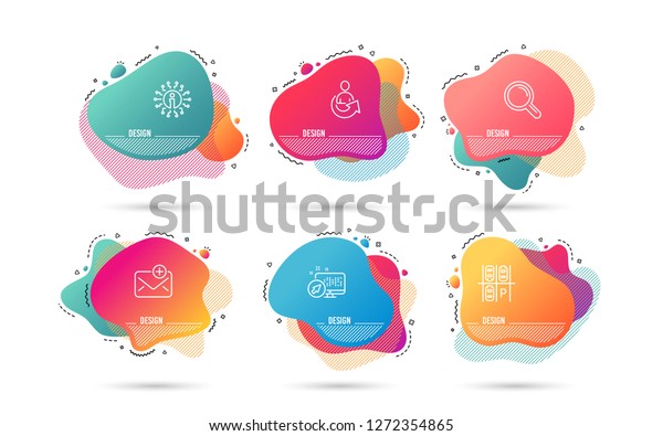 Dynamic liquid shapes. Set of Parking place,
Research and Share icons. New mail sign. Transport, Magnifying
glass, Referral person. Add e-mail.  Gradient banners. Fluid
abstract shapes.
Vector