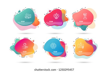 Dynamic liquid shapes. Set of Sun protection, Certificate and Clown icons. Student sign. Ultraviolet care, Best employee, Funny performance. Graduation cap.  Gradient banners. Fluid abstract shapes