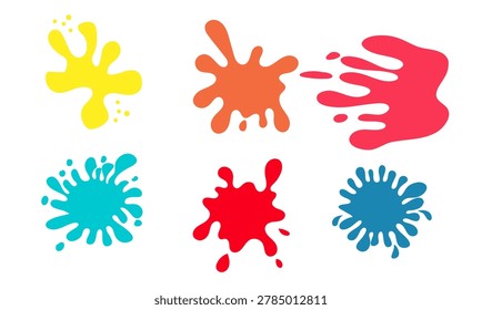 Dynamic liquid splash shapes. Colorful flowing ink blot graphics. Abstract paint splatter design elements. Creative bright puddle vectors.