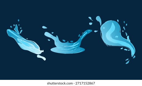 Salpicaduras de agua líquida dinámica con gotas que caen, olas de mar que se estrellan y remolinos. Para Diseños web publicitarios o visuales de marketing. Ilustración vectorial.